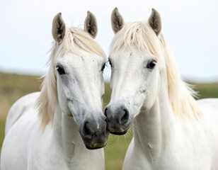 Obraz premium Two white horses standing closely together, with the foreground horse’s face. The composition emphasizes serenity, natural beauty, ideal for themes of equine elegance, and emotional connection.