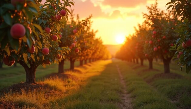 Rows of ripe peach trees laden with fruit. Golden sunset light illuminates an orchard path. Warm glow bathes the summer countryside landscape. Nature, organic farming scene.
