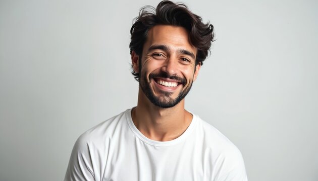 Close-up portrait of happy man with dark hair, beard, smiling broadly at camera. Casual white t-shirt worn by subject. Studio shot against light gray background. Authentic positive emotion conveyed.