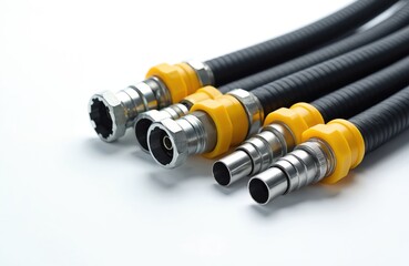 Several black hydraulic hoses with metal fittings, yellow connectors lie on white surface. These flexible tubes are parts for fluid power systems. They are industrial components for machinery repair.