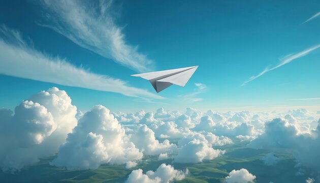 White paper airplane flies high in blue sky over fluffy clouds and green hills. Simple toy craft soars above landscape. Symbol of dreams, journey, imagination, and aspiration.