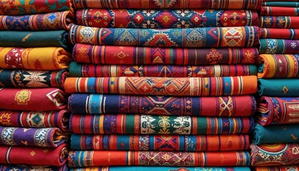 Stacks of colorful woven textiles feature intricate geometric patterns and vibrant hues. Fabrics display traditional South American designs, rich in culture and heritage.