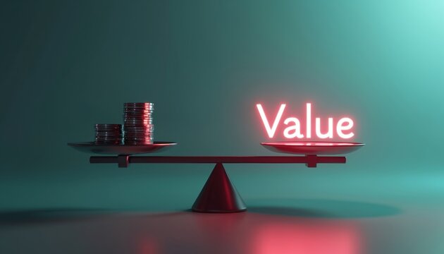 Scale balances coins against glowing neon word value. Symbolizes financial assessment investment strategy and economic worth. Compares monetary assets to intangible importance.