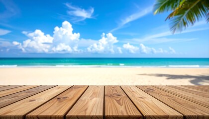 A sun-drenched beach scene with clear blue sky and ocean. A wooden table extends into the foreground. Palm tree. Summer