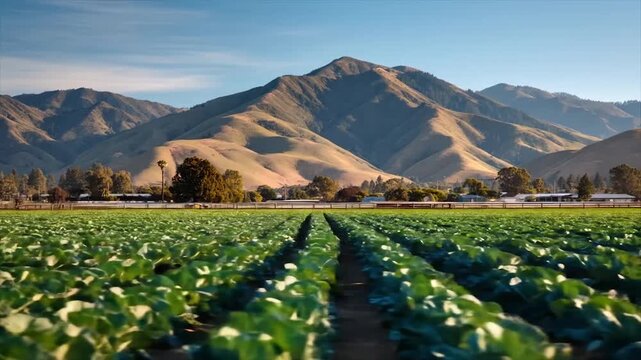 Farm field of crops with mountain range background under clear sky