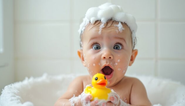Surprised baby with shampoo bubbles on head and face holds yellow rubber duck in bathtub. Child has wide eyes and open mouth, enjoys bath time with toy. Cleanliness fun with foam and water.
