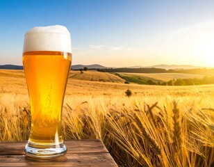 A tall, clear glass of frothy golden beverage stands on wood, facing a golden wheat field bathed in the setting sun