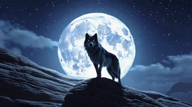 A lone wolf stands on a rock with a glowing moon and stars in the night sky behind it looking ahead wolf video
