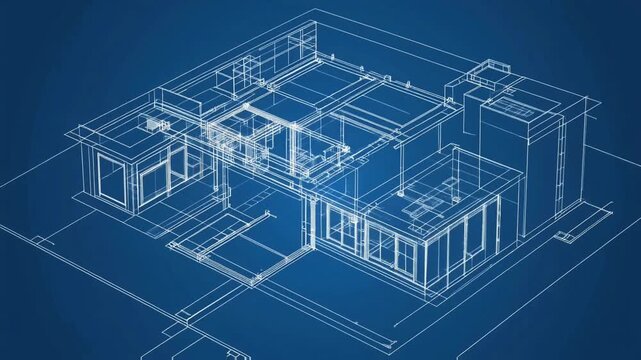 Architectural blueprint wireframe of a house design, showing technical planning, structural layout, and engineering visualization in a clean digital style.