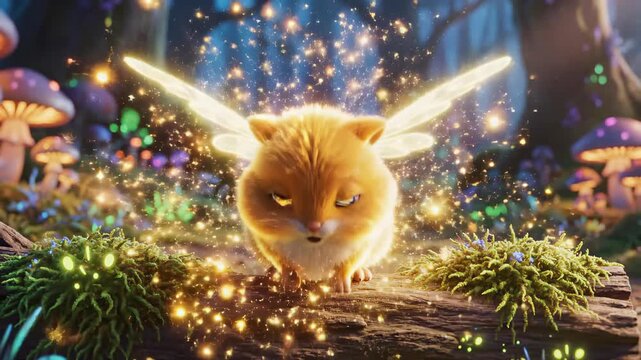 3D cartoon animation showing a cute blue bunny transforming into a magical, winged hamster with wings in an enchanted forest