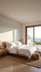 Obraz premium Bright airy bedroom with ocean view features comfortable bed and natural light. Coastal style decor creates peaceful relaxing atmosphere perfect for vacation home or resort.