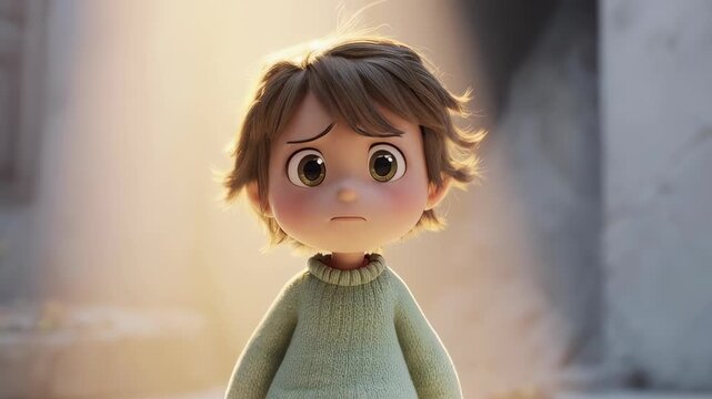 3D cartoon animation featuring a sad child standing in a spotlight, expressing feelings of loneliness and concern with varying hair styles