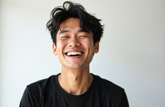 Happy young Asian man with dimples laughs heartily. He has bright eyes closed and wide open mouth showing teeth. His face expresses genuine joy and positive emotion. He wears a black shirt.
