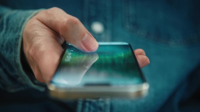 Close-up male hand in blue denim shirt scrolling social media feed on smartphone indoors. Swiping finger, motion blur on phone screen. Online browsing, digital lifestyle, content consumption, daylight