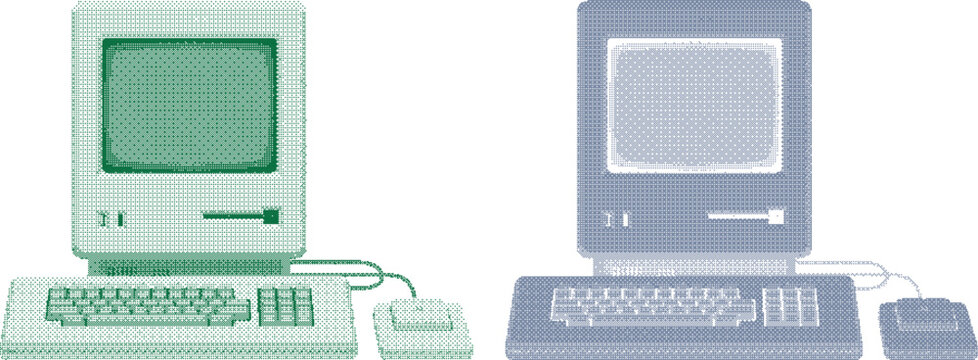 Two vintage green and blue Macintosh computers with keyboards and mice pixelated technology