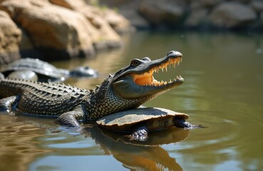 Obraz premium Crocodile basks in water with open mouth showing sharp teeth, sitting on turtle. Other reptiles swim nearby. Sun reflects on surface. Rocky bank in background.