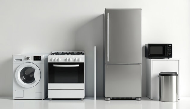 Collection of modern kitchen appliances, including a washing machine, stove, refrigerator, and microwave. These items are arranged against a clean, white wall. Household machines for home use.