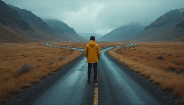 Person in yellow jacket stands at road fork in barren landscape. Male faces two diverging paths, contemplates future journey. Choosing direction, life metaphor, uncertainty.