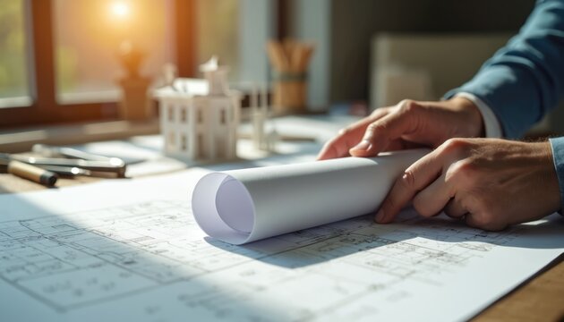 Architect rolls plans on blueprint with model house on desk. Man reviews building design with hands on paper, sunlight streams through window.