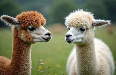 Fototapeta premium Two alpacas, one brown, one white, stand facing in rich green field. Fluffy coats, gentle expressions create serene, calming scene. Look curious, friendly grazing on grass in natural surroundings.