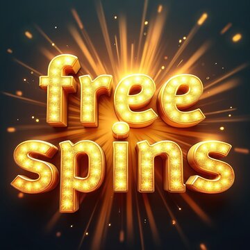 Golden glowing words FREE SPINS with bright starburst effect. This text is perfect for casino promotions, online game ads, and gambling offers. Big bonus and winning opportunity shown.