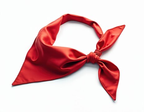 Red satin bandana tied on neck. Youth fashion neck scarf biker accessory for style. Cowboy bandana template blank neckwear. Unisex head accessory mock-up for fashion.