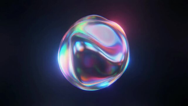 Shiny iridescent sphere floating in dark space reflecting neon colors and glossy highlights, creating futuristic abstract visual with cosmic feel.