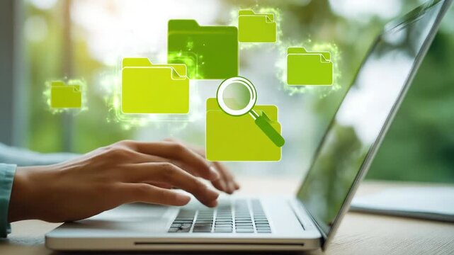 Person works on a laptop with digital folders and search icon above in an office space