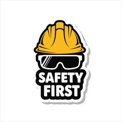 Safety First Vector Illustration &mdash; Hard Hat and Safety Glasses Icon, Construction Workplace Protection Sign Design
