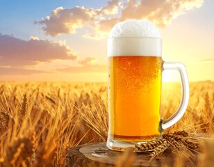 A tall, full beer mug with a frothy head sits on a wooden surface, set against a golden wheat field with a sunny sky