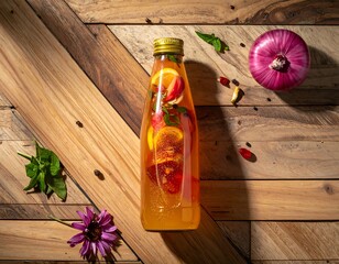 A tall, elegant bottle filled with a vibrant orange concoction and fruit slices sits on textured wooden planks, accompanied by fresh produce