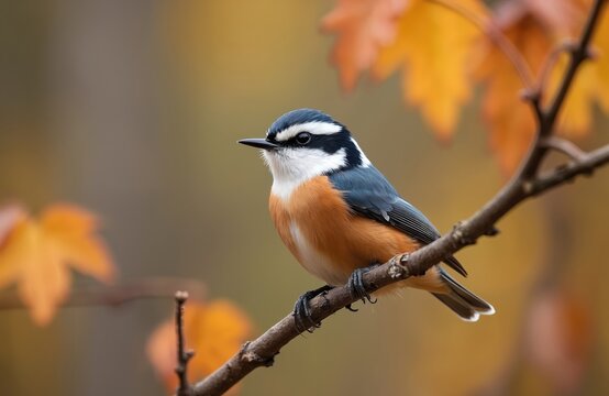 Small bird with orange chest and blue wings perched on a tree branch. Autumn leaves in background create warm, soft light. This nuthatch is still, watching.