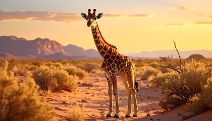 A tall giraffe stands proudly in a sun-drenched savanna, gazing at the camera, with a vibrant sunset in the background