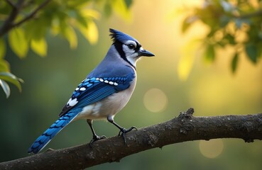 Bright blue jay bird with crest sits on tree limb. White chest contrasts with blue feathers and black markings. Focus on avian wildlife in natural setting with soft light.
