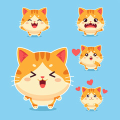 Obraz premium Set of cute kawaii orange kitten expressions and emoji stickers