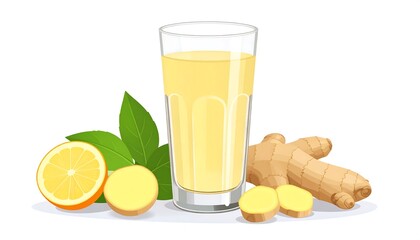 A tall glass of golden beverage sits next to fresh ingredients lemon, ginger, and green leaves. A healthy composition