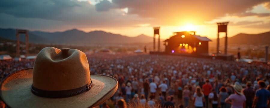 Outdoor concert crowd watches band on stage at sunset. Cowboy hat in foreground, people enjoy live music festival. Evening sky with mountains in background.