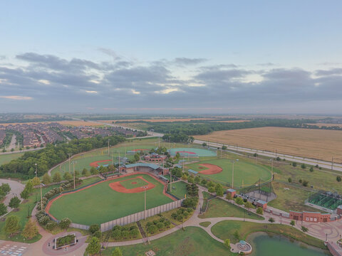 Aerial View of Harold Bacchus Community Park with Sunrise, Frisco, Texas (August 2016)