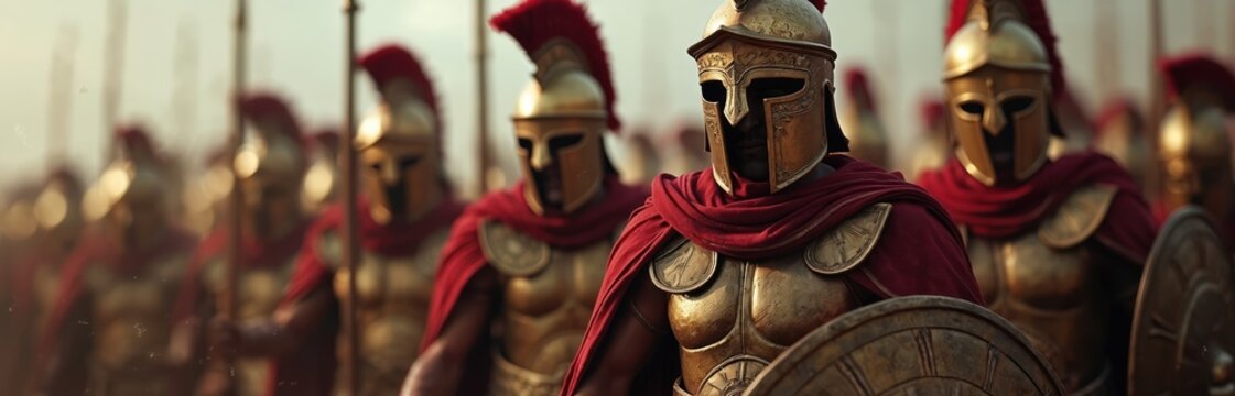 Group of ancient Spartan warriors in formation wearing helmets shields and armor. Soldiers prepare for battle with spears ready. They wear red capes and golden armor.