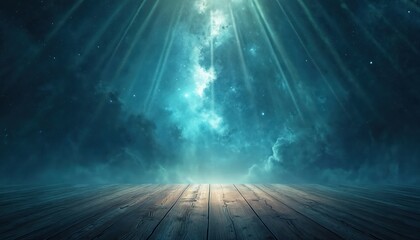 Obraz premium Wooden stage with glowing mystical night sky clouds and starry nebula background. Divine light beams shine down on platform. Cosmic scene evokes awe and wonder.