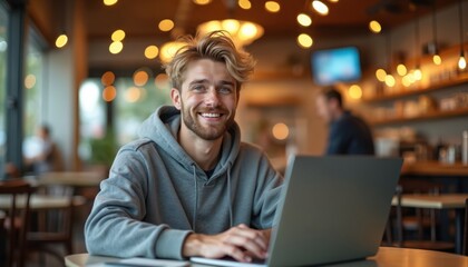 Obraz premium Smiling young man with blonde hair types on laptop at cafe table. He wears grey hoodie, looks at camera. Blurred background shows warm lighting, cafe interior. He is engaged in remote work or study.