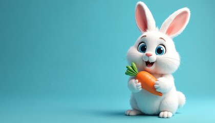 Obraz premium Cute cartoon bunny rabbit holding fresh carrot. Adorable white fluffy animal with big blue eyes smiles. Simple cheerful illustration on blue background.