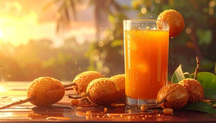 A tall glass of orange-colored beverage, garnished with fruit, sits on a wooden surface in warm sunlight
