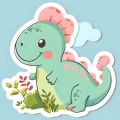 Naklejka premium Cute cartoon dinosaur sticker with pastel colors sitting on green plants