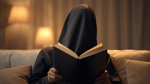 Mysterious person reading a book under a hooded cloak indoors