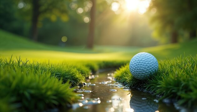 Golf ball rests on rich green grass beside small stream on sunny day. Golf course scenery, outdoor sport, nature detail. Calm water reflects bright light.
