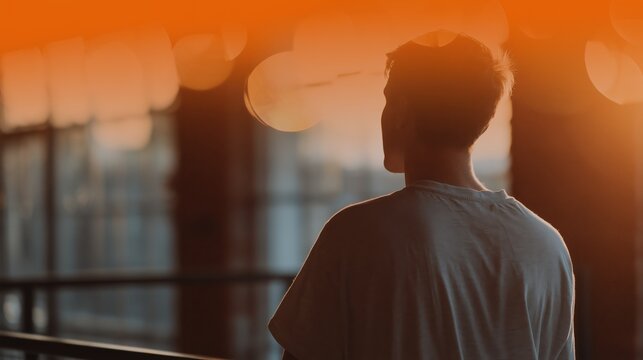 A young man, seen from behind, stands in a modern architectural space, bathed in the rich, warm glow of a golden hour sunset, his silhouette outlined against soft bokeh lights, creating a moment of qu