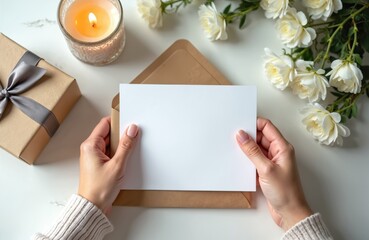 Obraz premium Woman hands hold blank white card near gift box, candle and white roses. Preparing for celebration with envelope and paper note. Gentle invitation or message for loved ones.