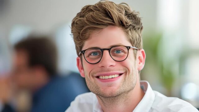 Confident and Smiling: A close-up shot of a young, approachable man, beaming with a genuine smile as he peers at the viewer through stylish eyeglasses.