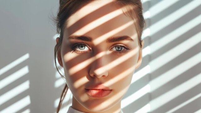 Shadows and Light: A woman's portrait, playing with the interplay of light and shadow, highlighting her facial features through the geometric patterns and creating a captivating visual effect. 